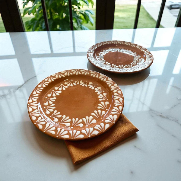 Hand Painted Mexican Brown Clay and White Round Plate (Cielito Lindo Inspired) – Set of 2