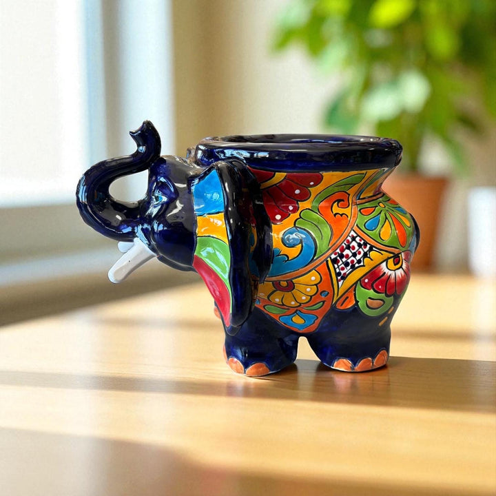 Cute Hand Painted Talavera Dark Blue Elephant Outdoor Planter Pot (Varying Design)