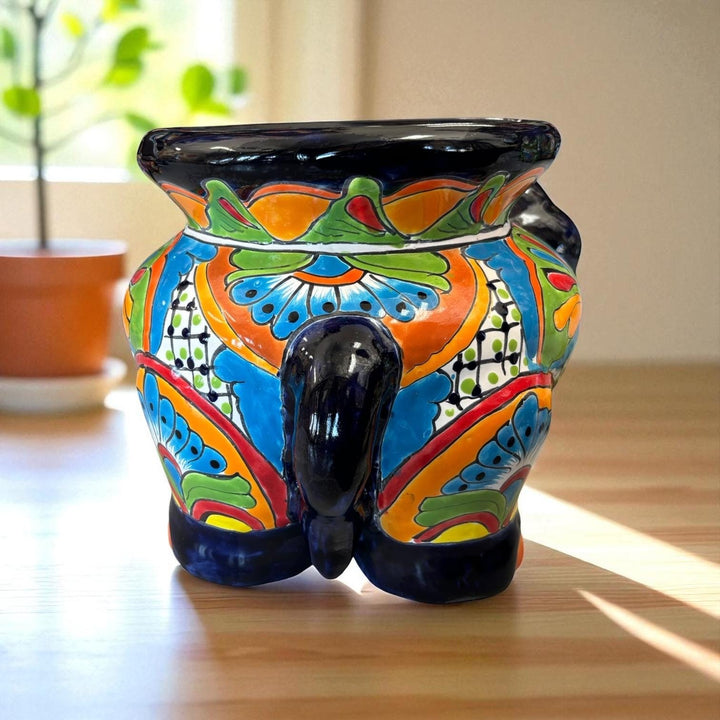 Cute Hand Painted Talavera Dark Blue Elephant Outdoor Planter Pot (Varying Design)
