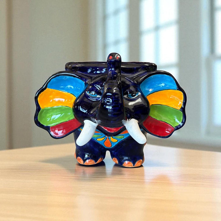 Cute Hand Painted Talavera Dark Blue Elephant Outdoor Planter Pot (Varying Design)