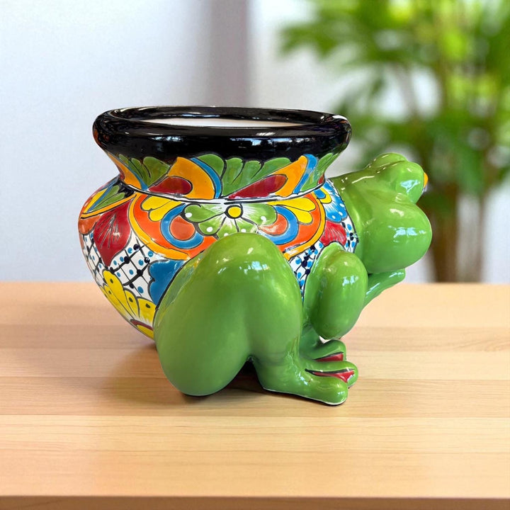 Hand Painted Talavera Vibrant Green Frog Outdoor Planter Pot (Varying Design)