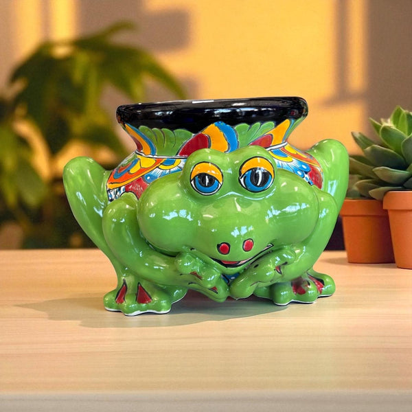 Hand Painted Talavera Vibrant Green Frog Outdoor Planter Pot (Varying Design)