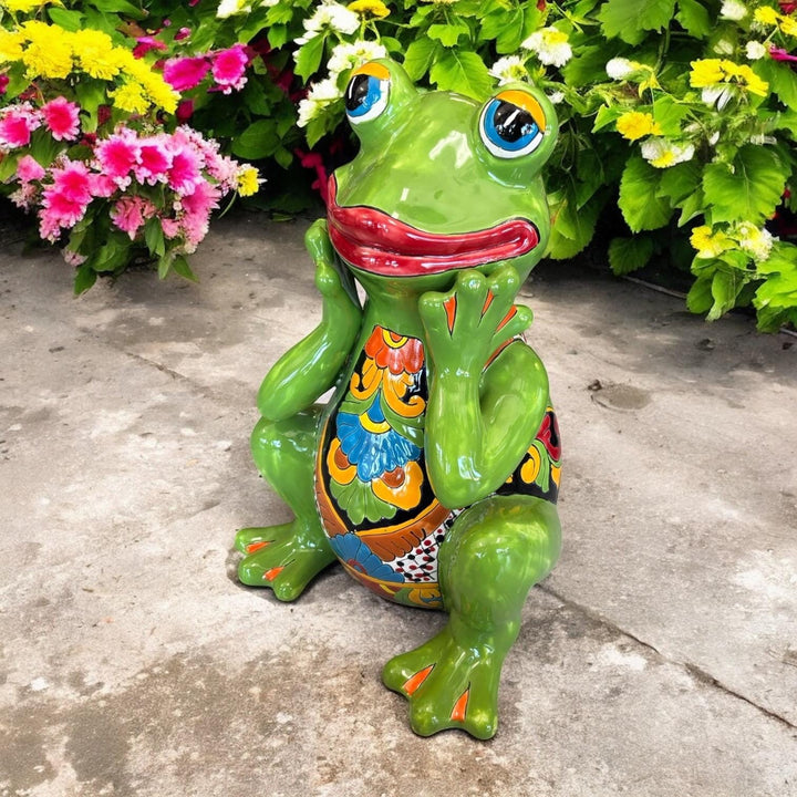 Hand Painted Talavera Vibrant Sitting Green Frog Outdoor Sculpture (Varying Design)