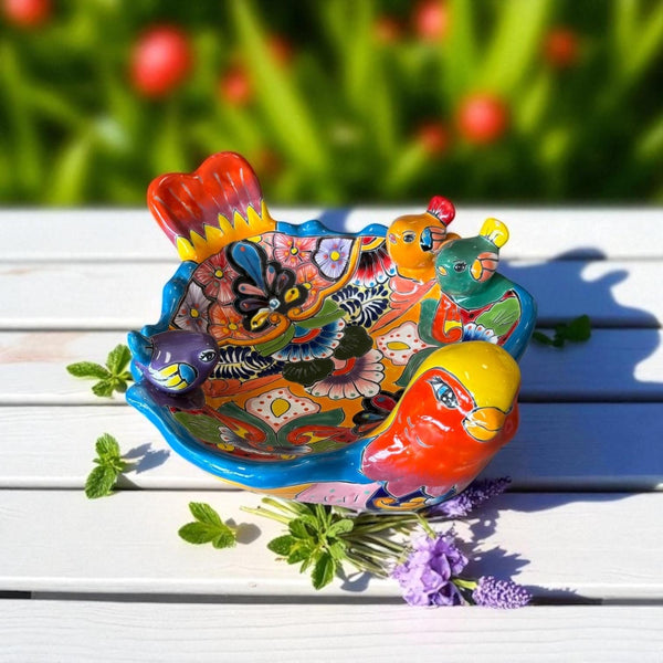 Hand Painted Mexican Talavera Tabletop Red Orange Bird Bath