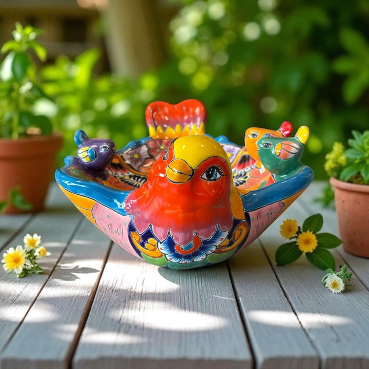 Hand Painted Mexican Talavera Tabletop Red Orange Bird Bath