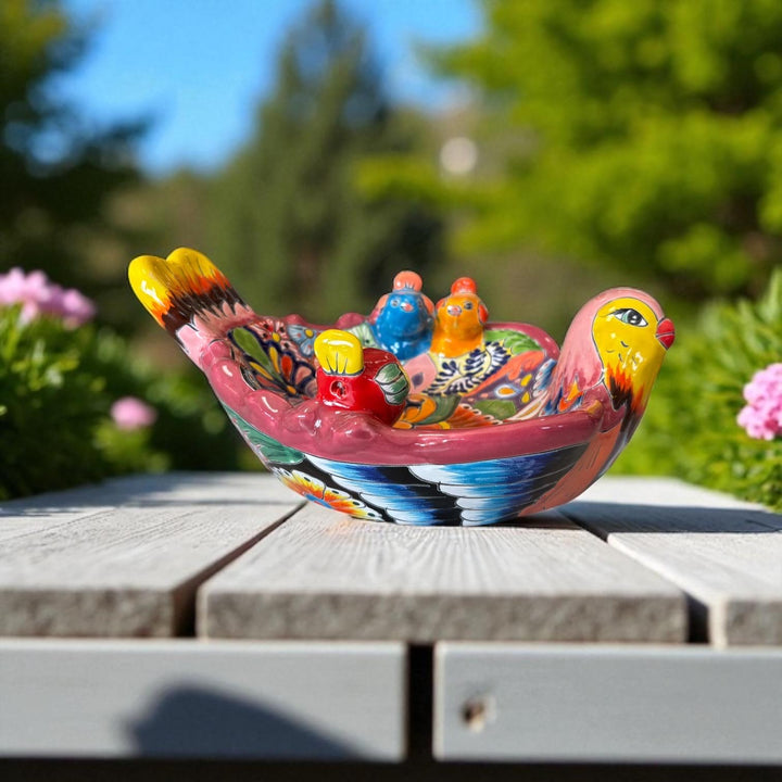 Beautiful Hand Painted Mexican Talavera Tabletop Yellow Bird Bath