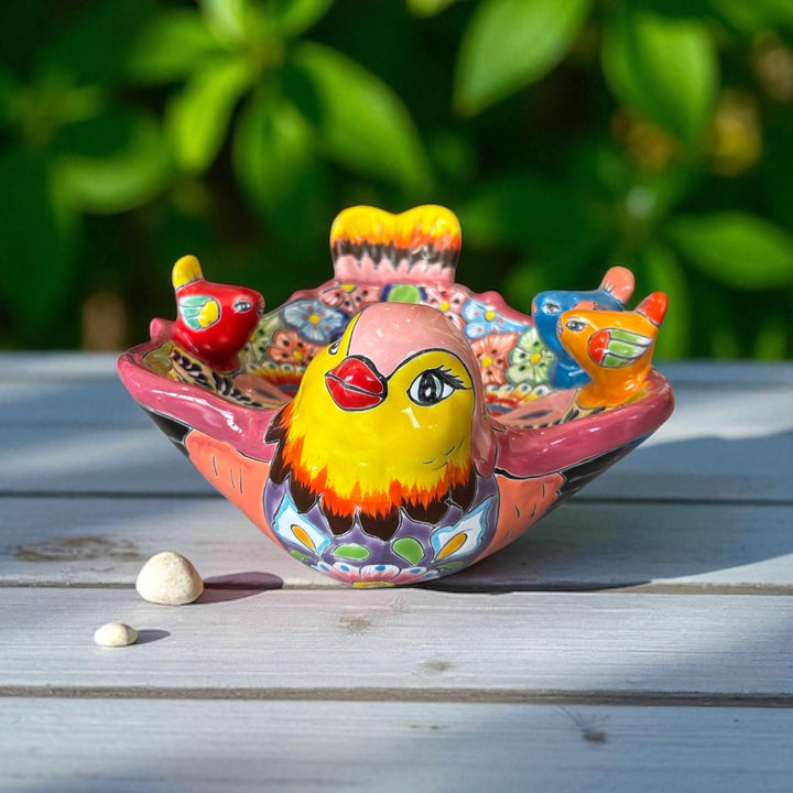 Beautiful Hand Painted Mexican Talavera Tabletop Yellow Bird Bath