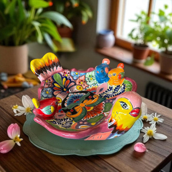 Beautiful Hand Painted Mexican Talavera Tabletop Yellow Bird Bath