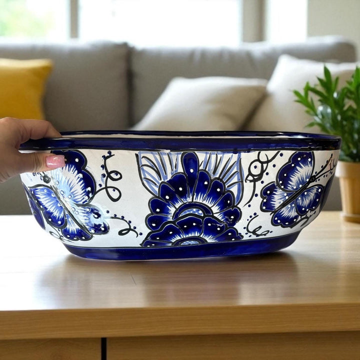 Beautiful Hand Painted Talavera Blue & White Butterfly Long Planter Pot (Varying Design)