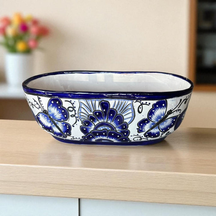 Beautiful Hand Painted Talavera Blue & White Butterfly Long Planter Pot (Varying Design)