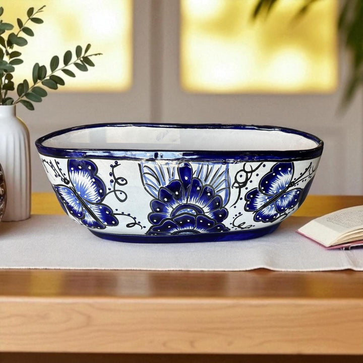 Beautiful Hand Painted Talavera Blue & White Butterfly Long Planter Pot (Varying Design)