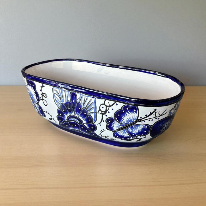 Beautiful Hand Painted Talavera Blue & White Butterfly Long Planter Pot (Varying Design)
