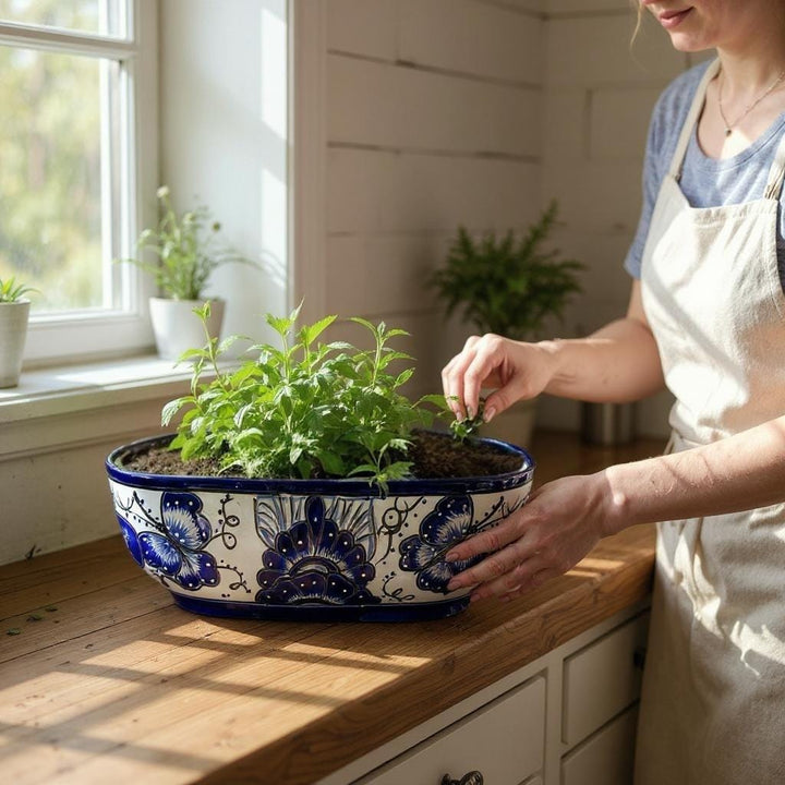 Beautiful Hand Painted Talavera Blue & White Butterfly Long Planter Pot (Varying Design)
