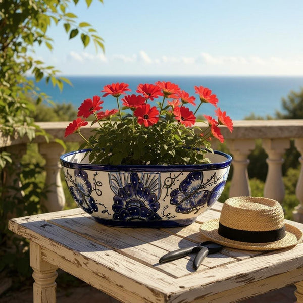 Beautiful Hand Painted Talavera Blue & White Butterfly Long Planter Pot (Varying Design)