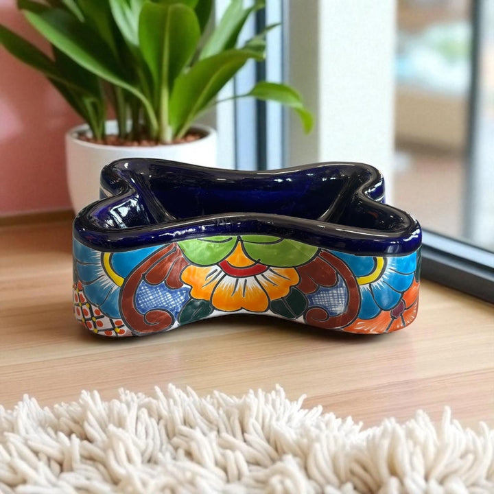 Handpainted Mexican Talavera Dark Blue Bone Dog Bowl (Varying Design)