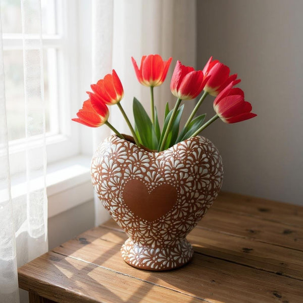 Hand Painted Talavera Brown and White Heart Vase (Cielito Lindo Inspired)