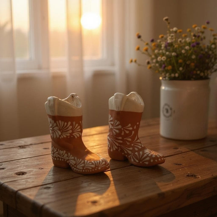 Cute Mexican Cowboy Rustic Boot Flower Vase “Bota Vacera” in Brown Clay and White (Cielito Lindo Inspired)