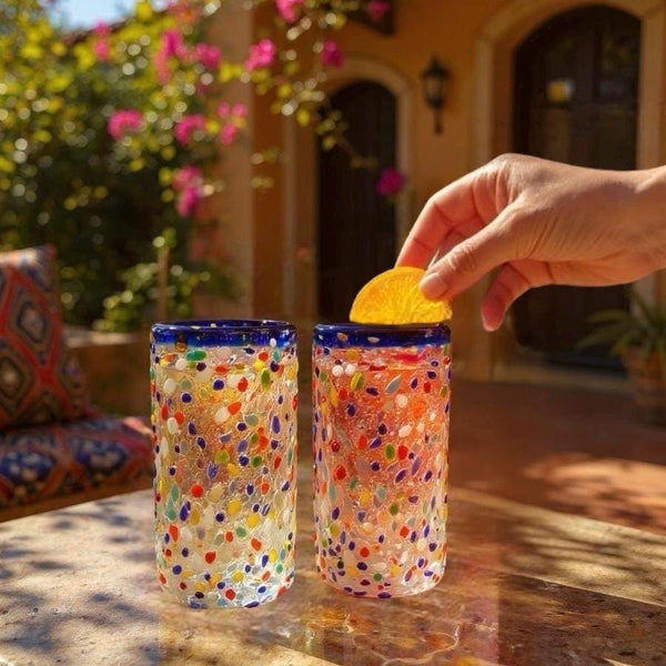 Hand Blown Mexican Colorful Pebble Blue Rim Large Tumbler Glass “Vaso Grande de Piedritas” (Set of 2)