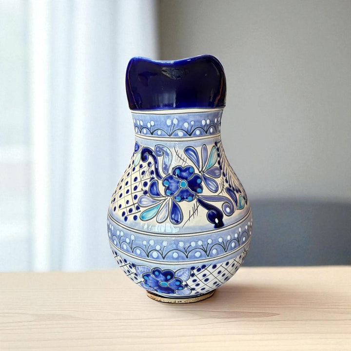 Beautiful Hand Painted Ivory & Dark Blue Floral Talavera Pitcher and 6 Cups Set