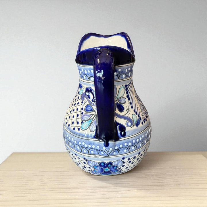 Beautiful Hand Painted Ivory & Dark Blue Floral Talavera Pitcher and 6 Cups Set