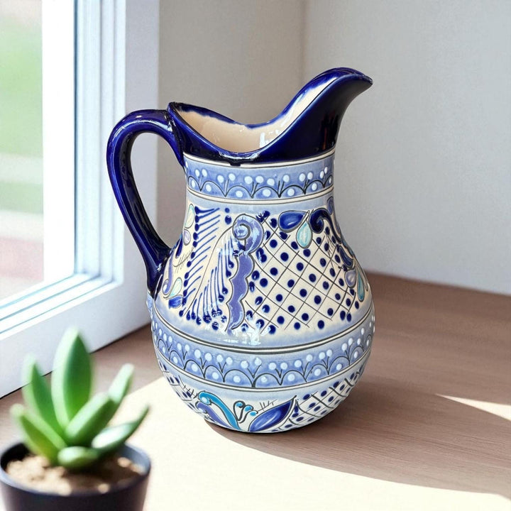 Beautiful Hand Painted Ivory & Dark Blue Floral Talavera Pitcher and 6 Cups Set