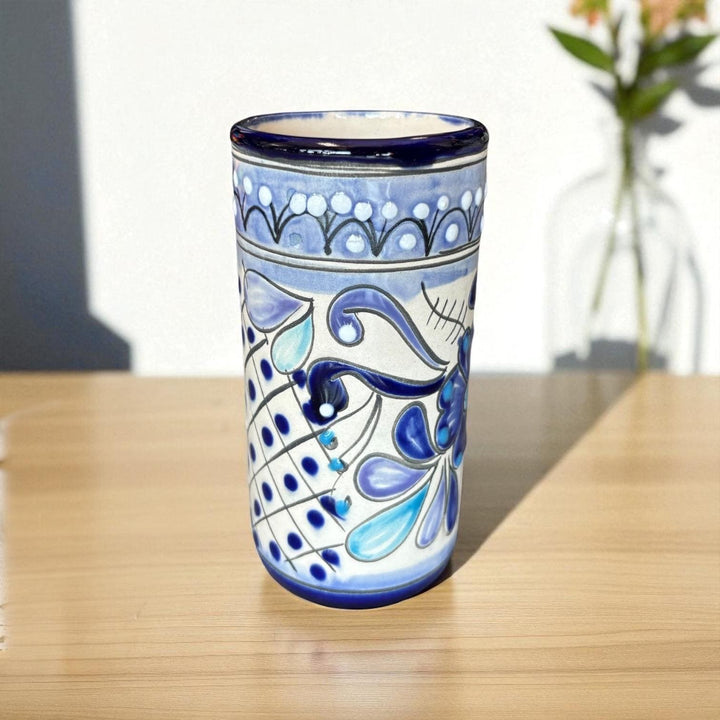 Beautiful Hand Painted Ivory & Dark Blue Floral Talavera Pitcher and 6 Cups Set