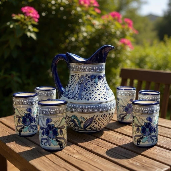 Beautiful Hand Painted Ivory & Dark Blue Floral Talavera Pitcher and 6 Cups Set