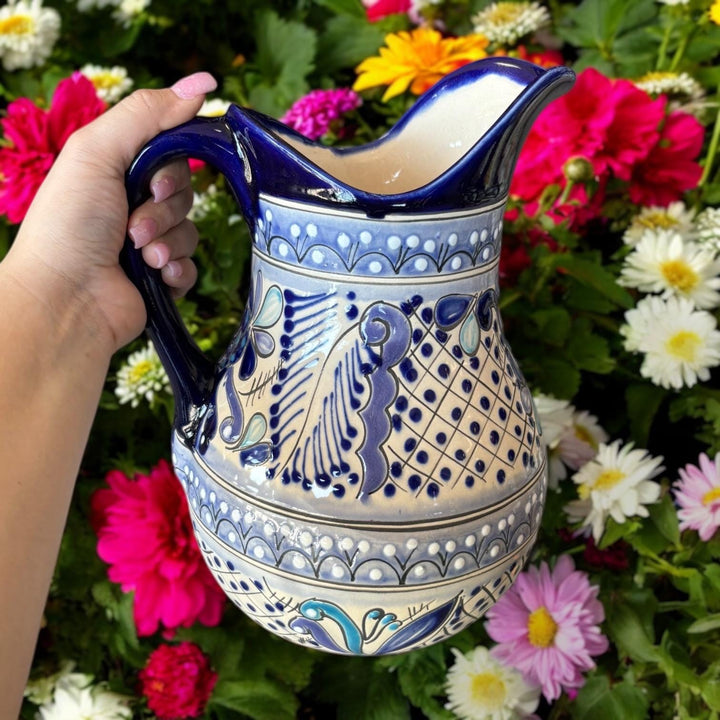 Beautiful Hand Painted Ivory & Dark Blue Floral Talavera Pitcher and 6 Cups Set
