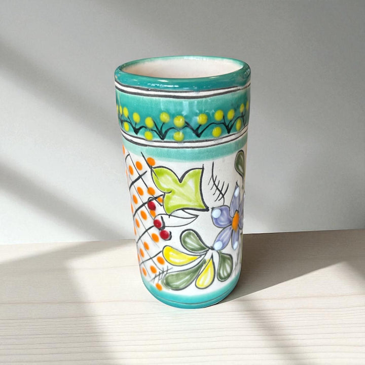 Beautiful Hand Painted Teal & Ivory Floral Talavera Pitcher and 6 Cups Set
