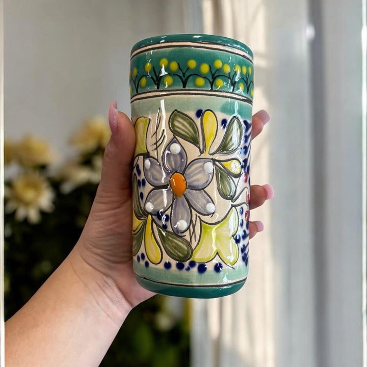 Beautiful Hand Painted Teal & Ivory Floral Talavera Pitcher and 6 Cups Set