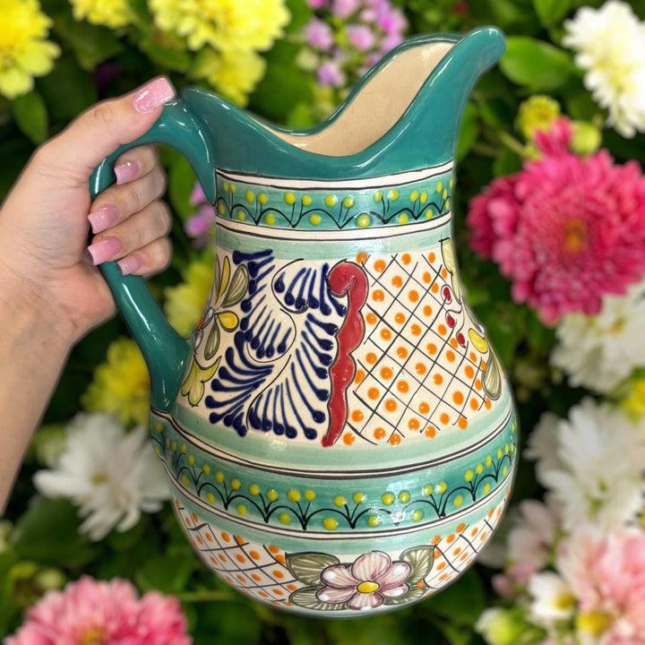 Beautiful Hand Painted Teal & Ivory Floral Talavera Pitcher and 6 Cups Set