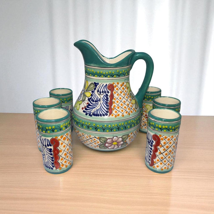 Beautiful Hand Painted Teal & Ivory Floral Talavera Pitcher and 6 Cups Set