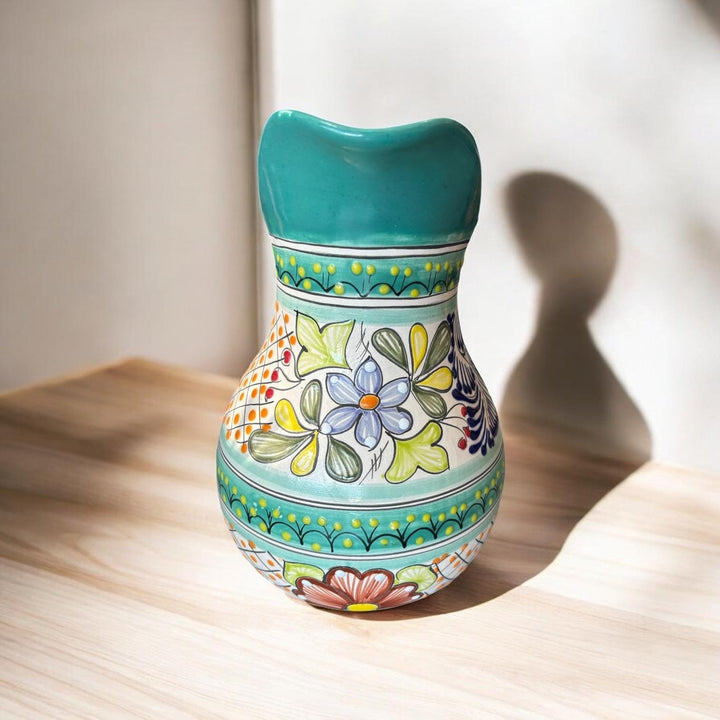 Beautiful Hand Painted Teal & Ivory Floral Talavera Pitcher and 6 Cups Set