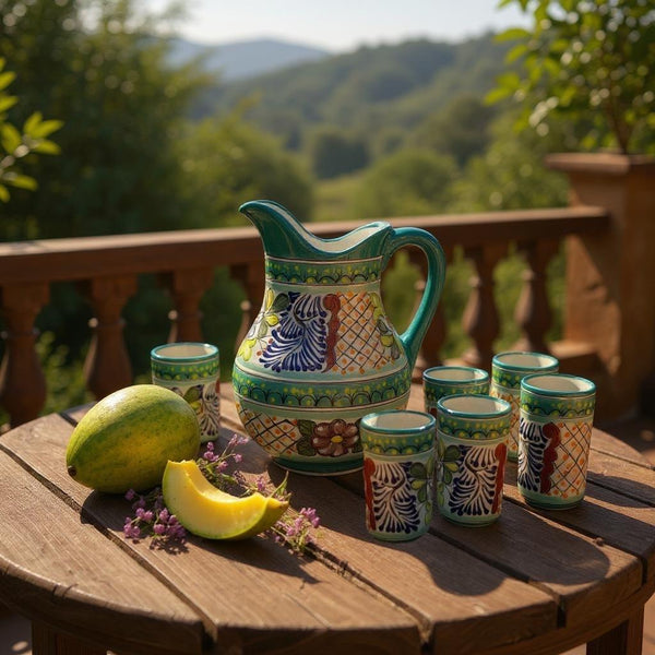 Beautiful Hand Painted Teal & Ivory Floral Talavera Pitcher and 6 Cups Set