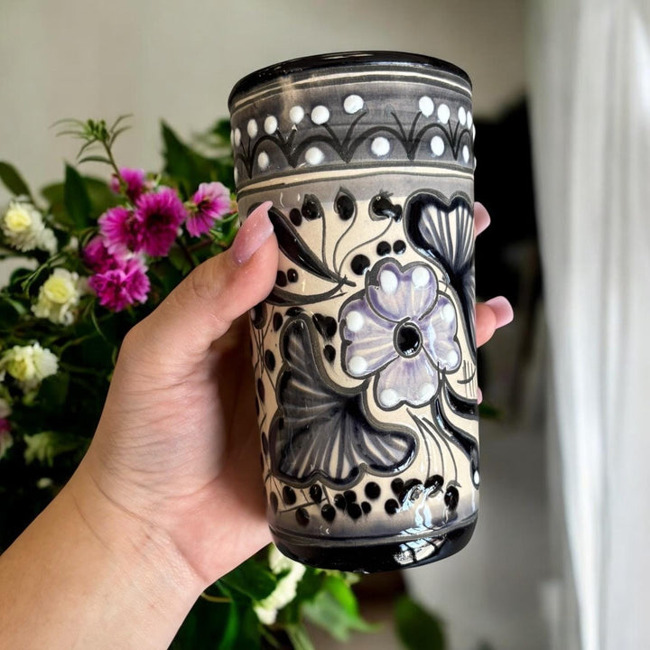 Beautiful Hand Painted Ivory & Black Floral Talavera Pitcher and 6 Cups Set