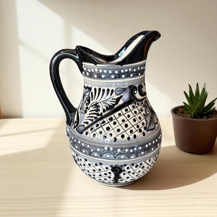 Beautiful Hand Painted Ivory & Black Floral Talavera Pitcher and 6 Cups Set