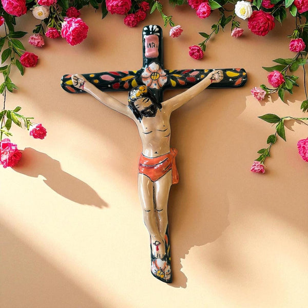 Hand Painted Mexican Talavera Jesus Crucifix Wall Decor – Assorted Colors (Varying Design)