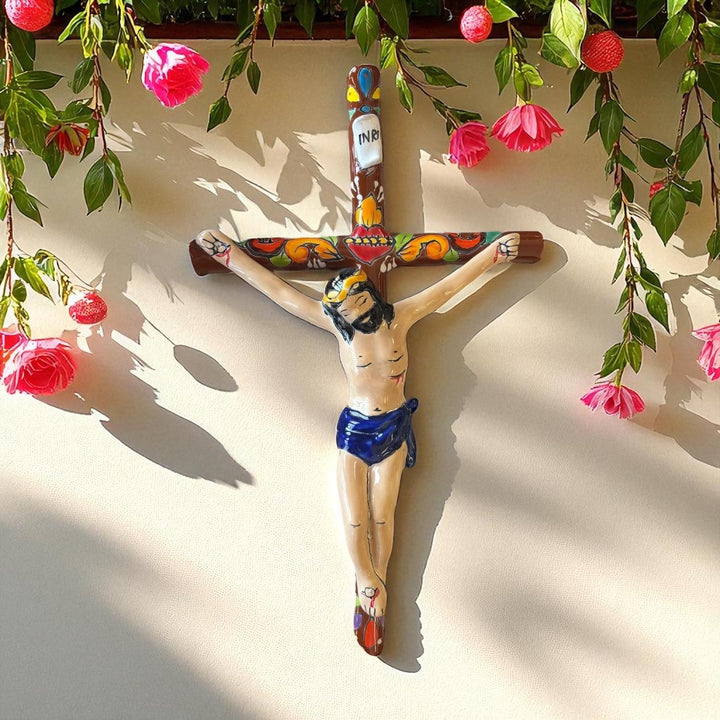 Hand Painted Mexican Talavera Jesus Crucifix Wall Decor – Assorted Colors (Varying Design)