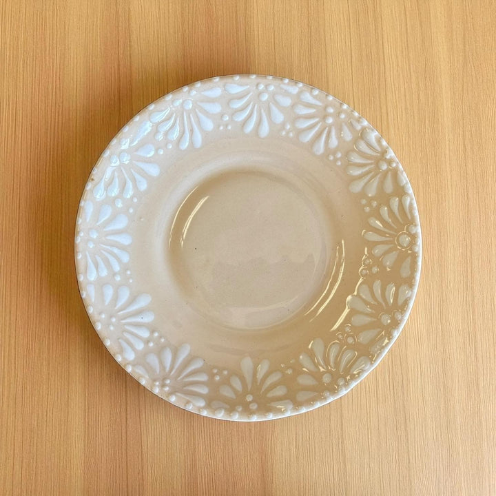 Beautiful Hand Painted Mexican Talavera Ivory and White Small Tea Cup & Saucer