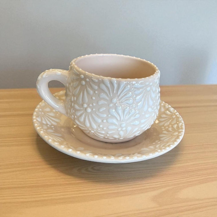 Beautiful Hand Painted Mexican Talavera Ivory and White Small Tea Cup & Saucer