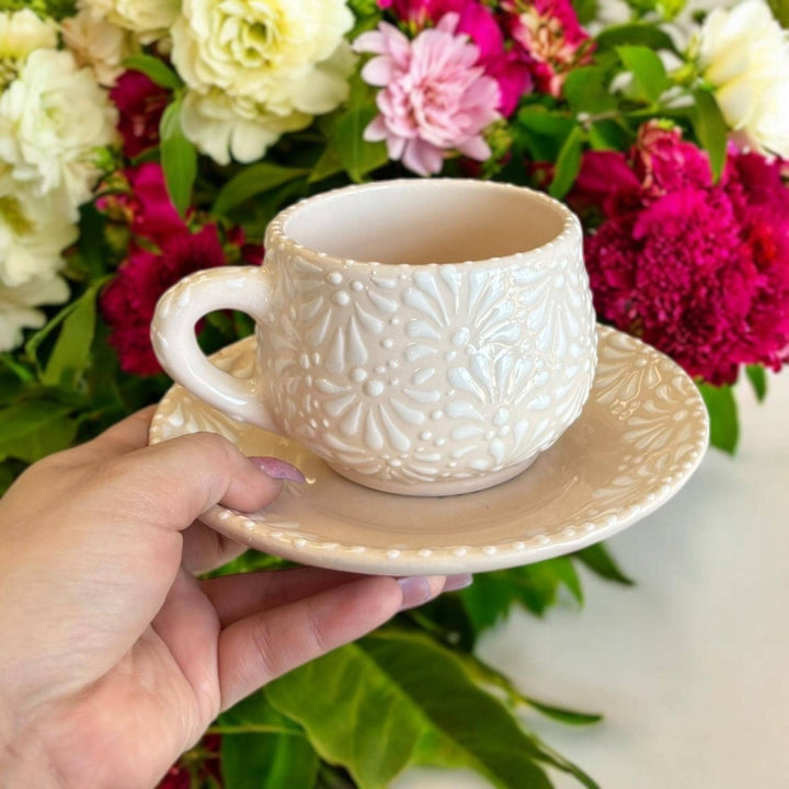 Beautiful Hand Painted Mexican Talavera Ivory and White Small Tea Cup & Saucer