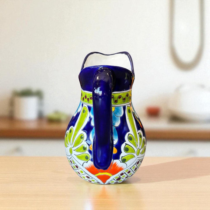 Beautiful Hand Painted Dark Blue & Multicolor Floral Talavera Pitcher and 6 Cups Set
