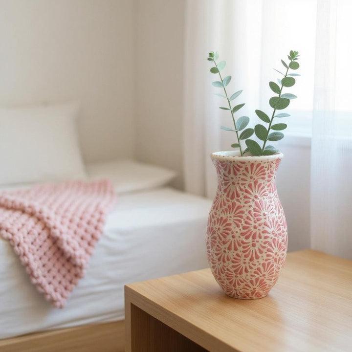 Hand Painted Ivory and Pink Talavera Flower Vase (Cielito Lindo Inspired)