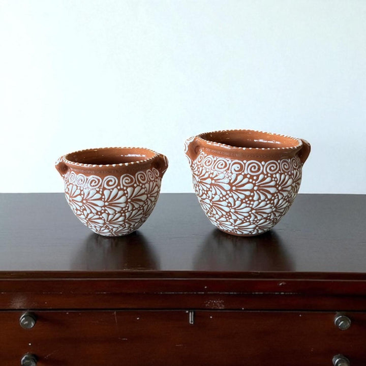 Beautiful Hand Painted Talavera Brown & White Rustic Pot with Handles – Assorted Sizes (Cielito Lindo Inspired)