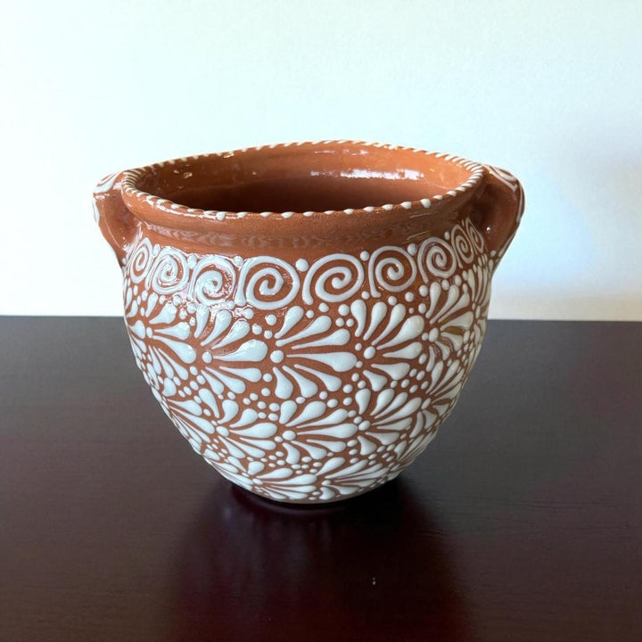 Beautiful Hand Painted Talavera Brown & White Rustic Pot with Handles – Assorted Sizes (Cielito Lindo Inspired)