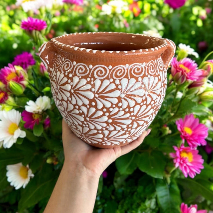 Beautiful Hand Painted Talavera Brown & White Rustic Pot with Handles – Assorted Sizes (Cielito Lindo Inspired)