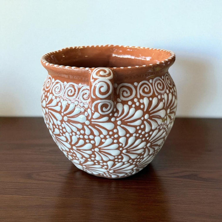 Beautiful Hand Painted Talavera Brown & White Rustic Pot with Handles – Assorted Sizes (Cielito Lindo Inspired)