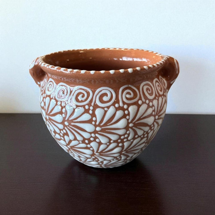 Beautiful Hand Painted Talavera Brown & White Rustic Pot with Handles – Assorted Sizes (Cielito Lindo Inspired)