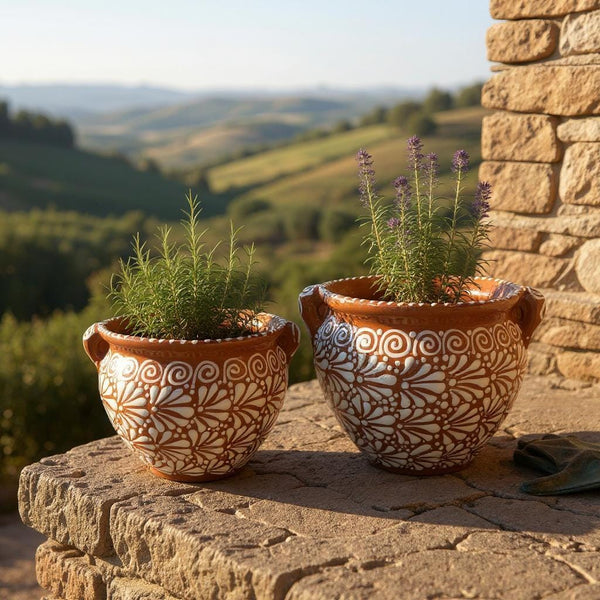 Beautiful Hand Painted Talavera Brown & White Rustic Pot with Handles – Assorted Sizes (Cielito Lindo Inspired)