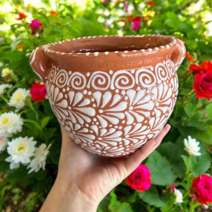 Beautiful Hand Painted Talavera Brown & White Rustic Pot with Handles – Assorted Sizes (Cielito Lindo Inspired)